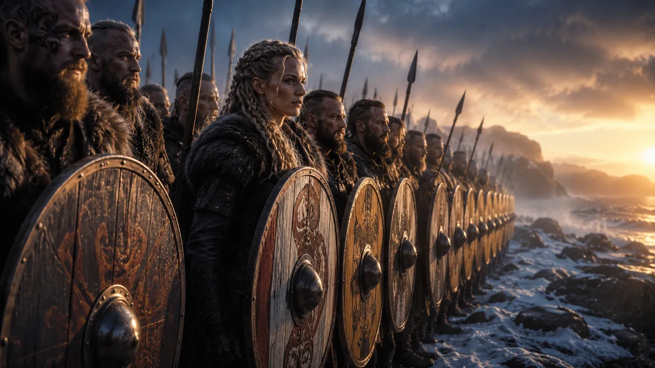 The shield wall holds at the shoreline as dawn breaks over the fleet